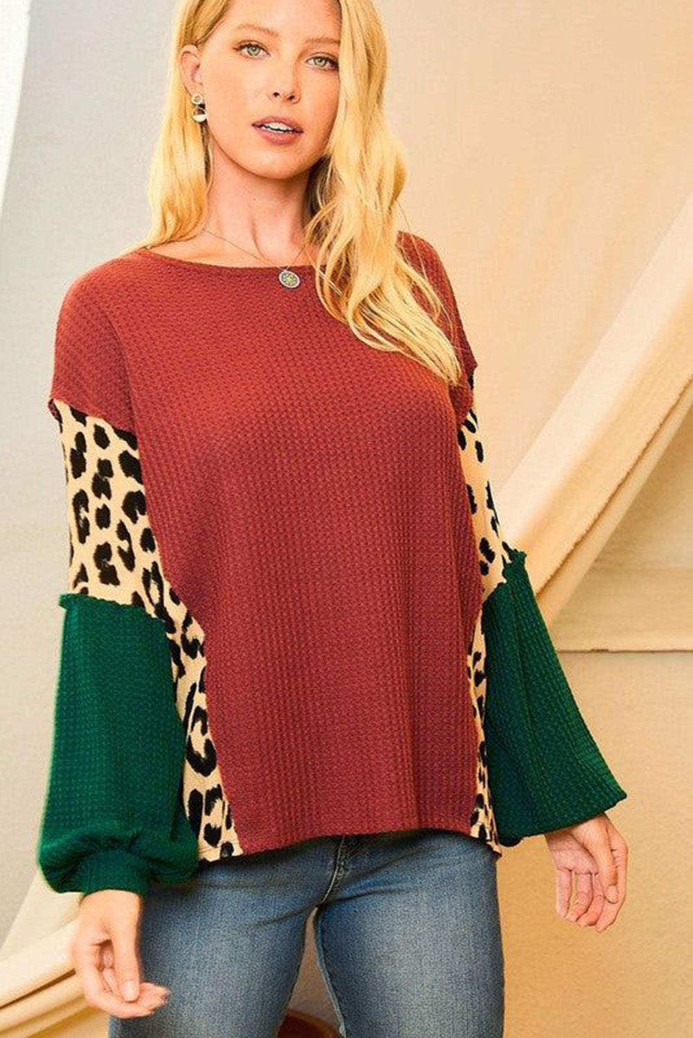 Brown Leopard Splicing Waffle Color Block Puff Sleeve Top