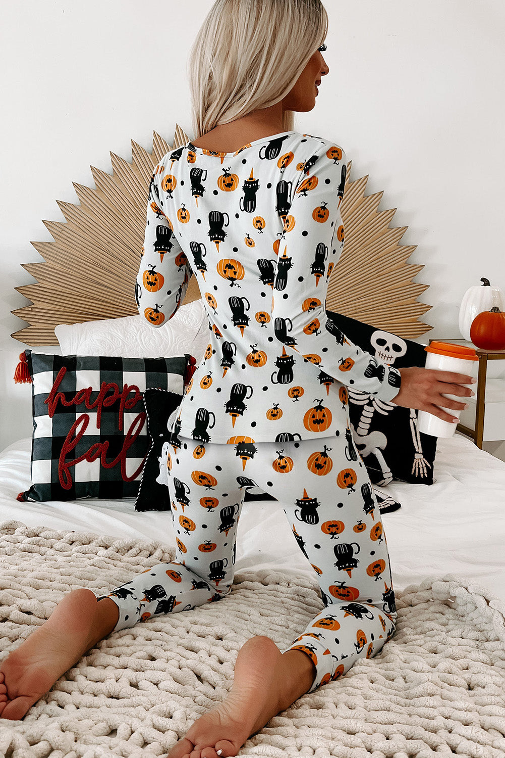 White Spooky Halloween Printed Long Slim Fit Lounge Set