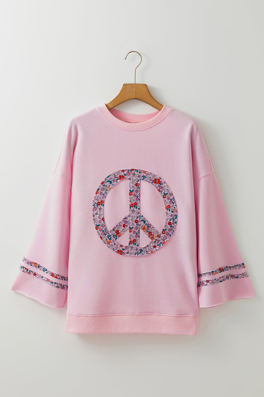 Light Pink Floral Peace Sign Graphic Drop Shoulder Wide Sleeve Casual Top