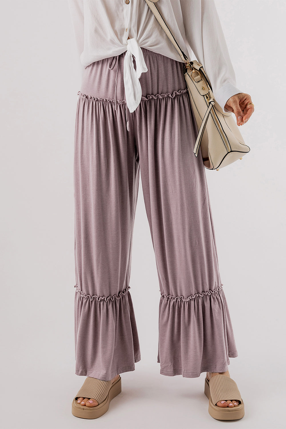 Khaki Frilled Drawstring High Waist Wide Leg Pants