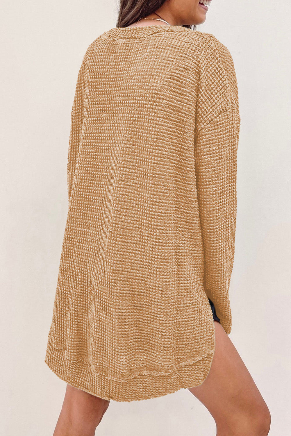 Khaki Waffle Knit High Slits Oversized Top