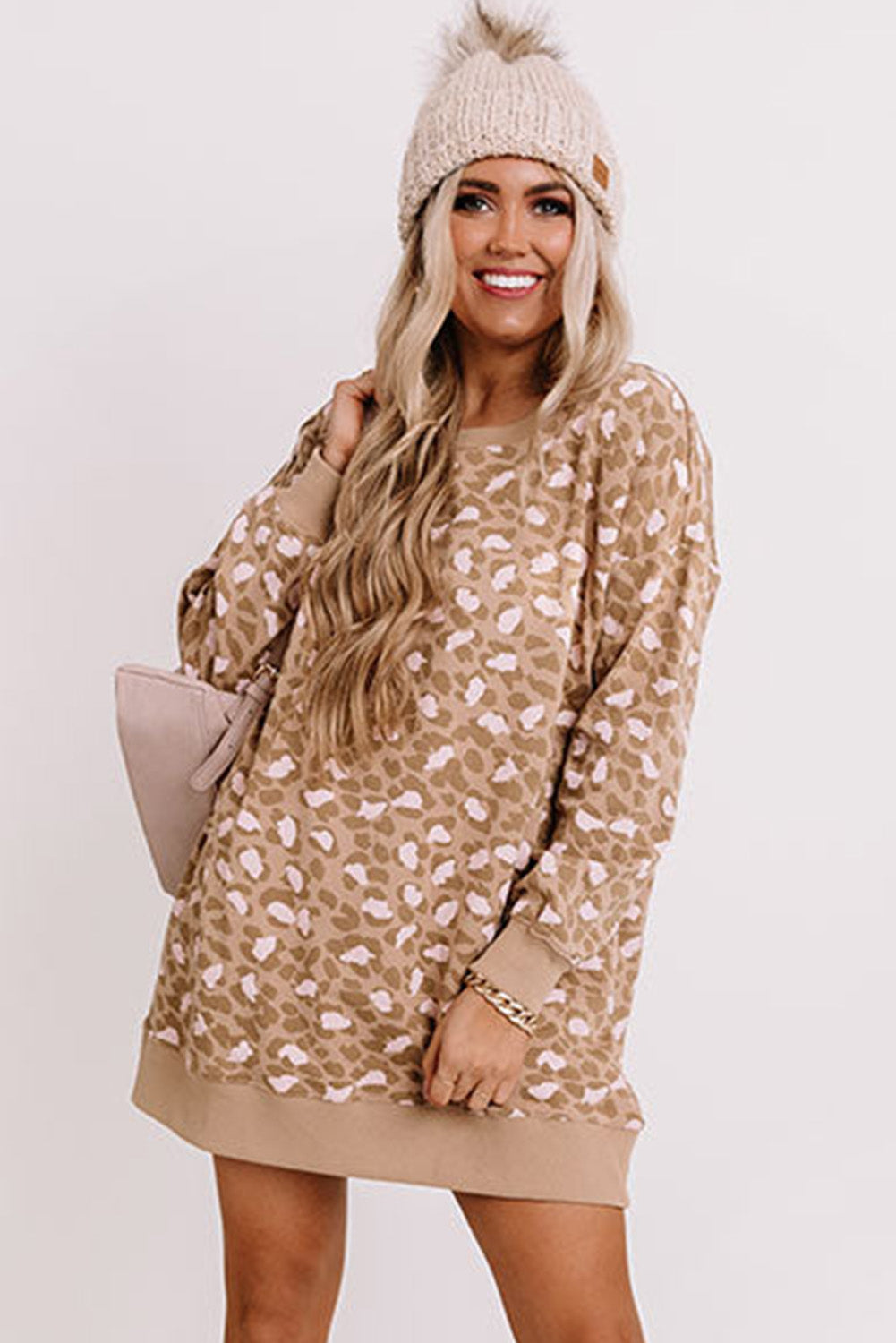 Parchment Leopard Print Side Pockets Long Sleeve Mini Dress