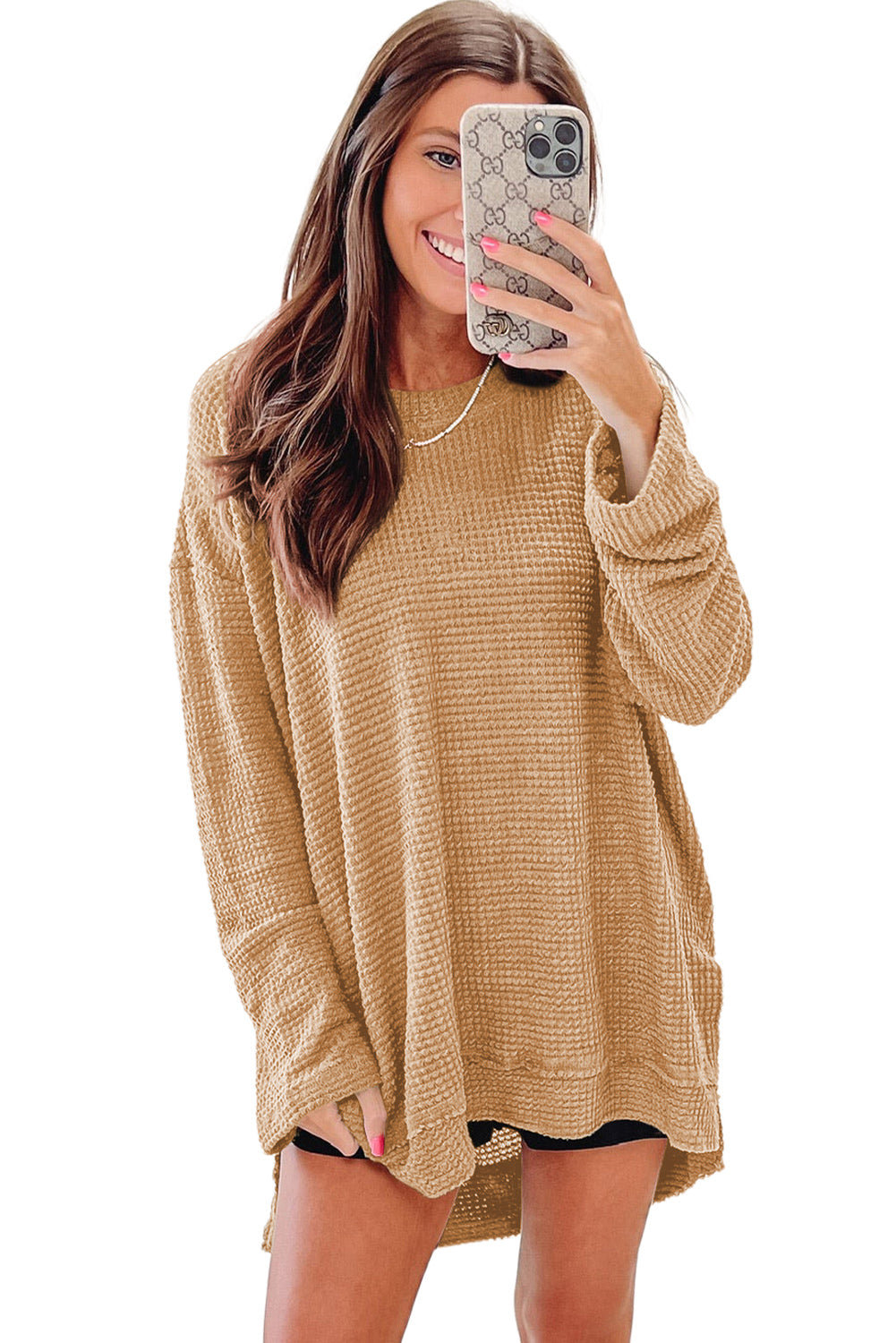 Khaki Waffle Knit High Slits Oversized Top