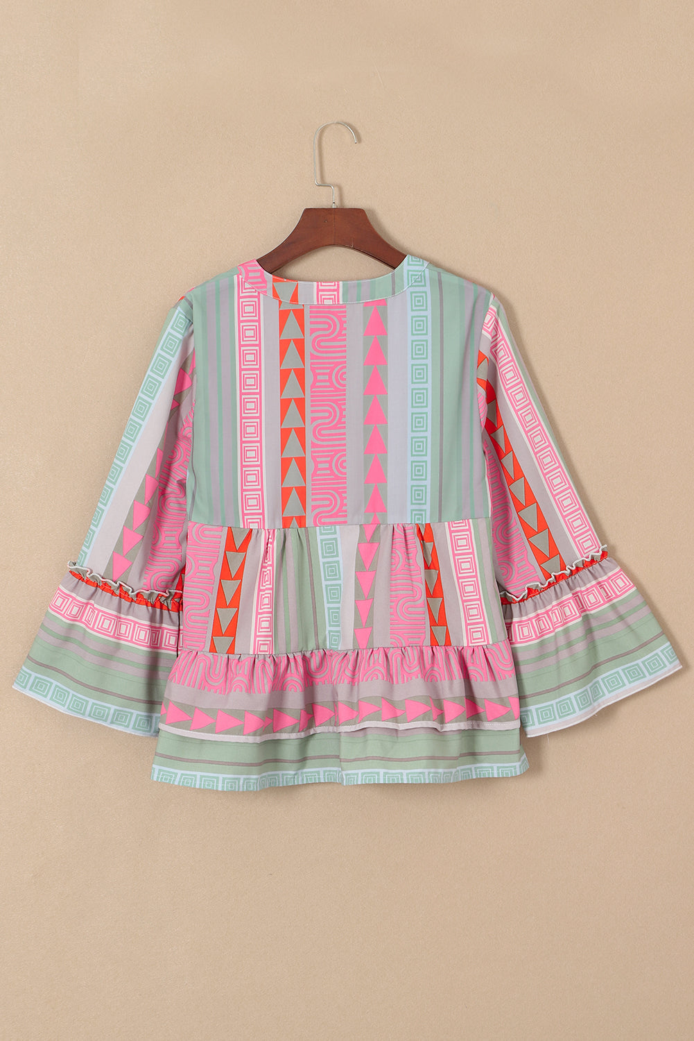 Multicolour Boho Geometric Print Split Neck Ruffle Blouse