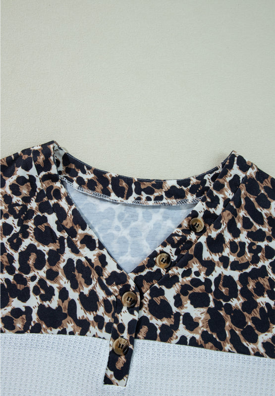 Waffle-Knit Leopard V-Neck Long Sleeve Blouse