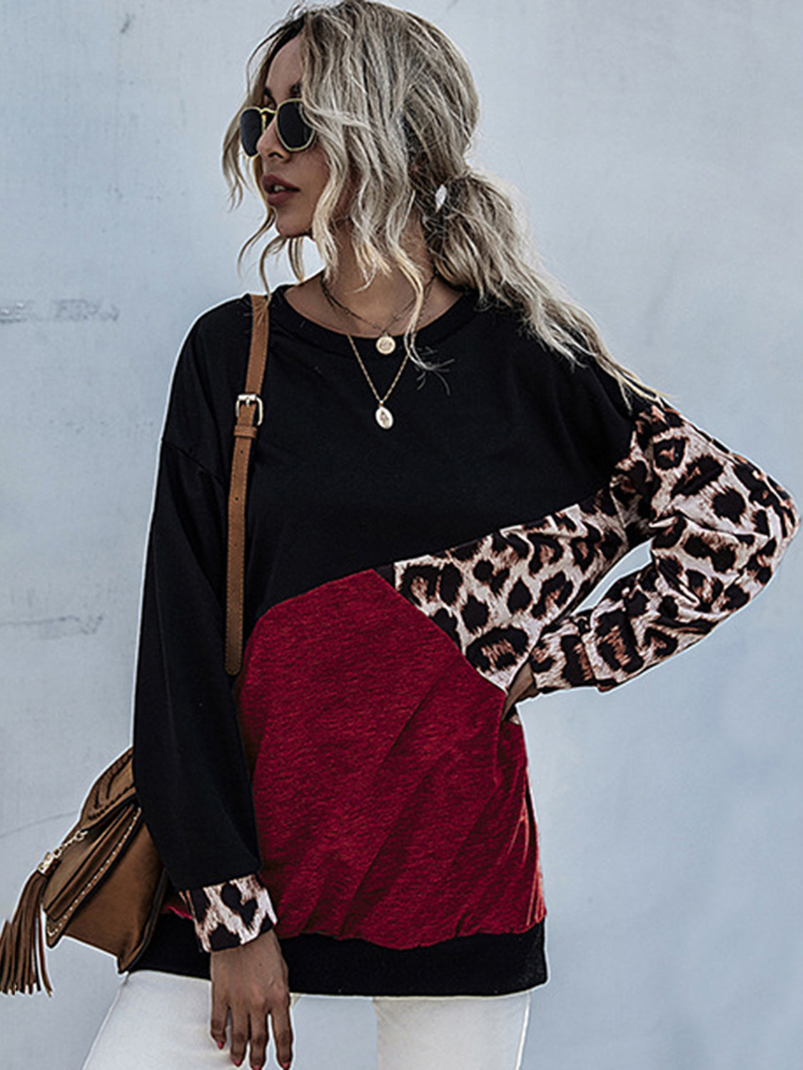 Perfee Leopard Contrast Long Sleeve Sweatshirt