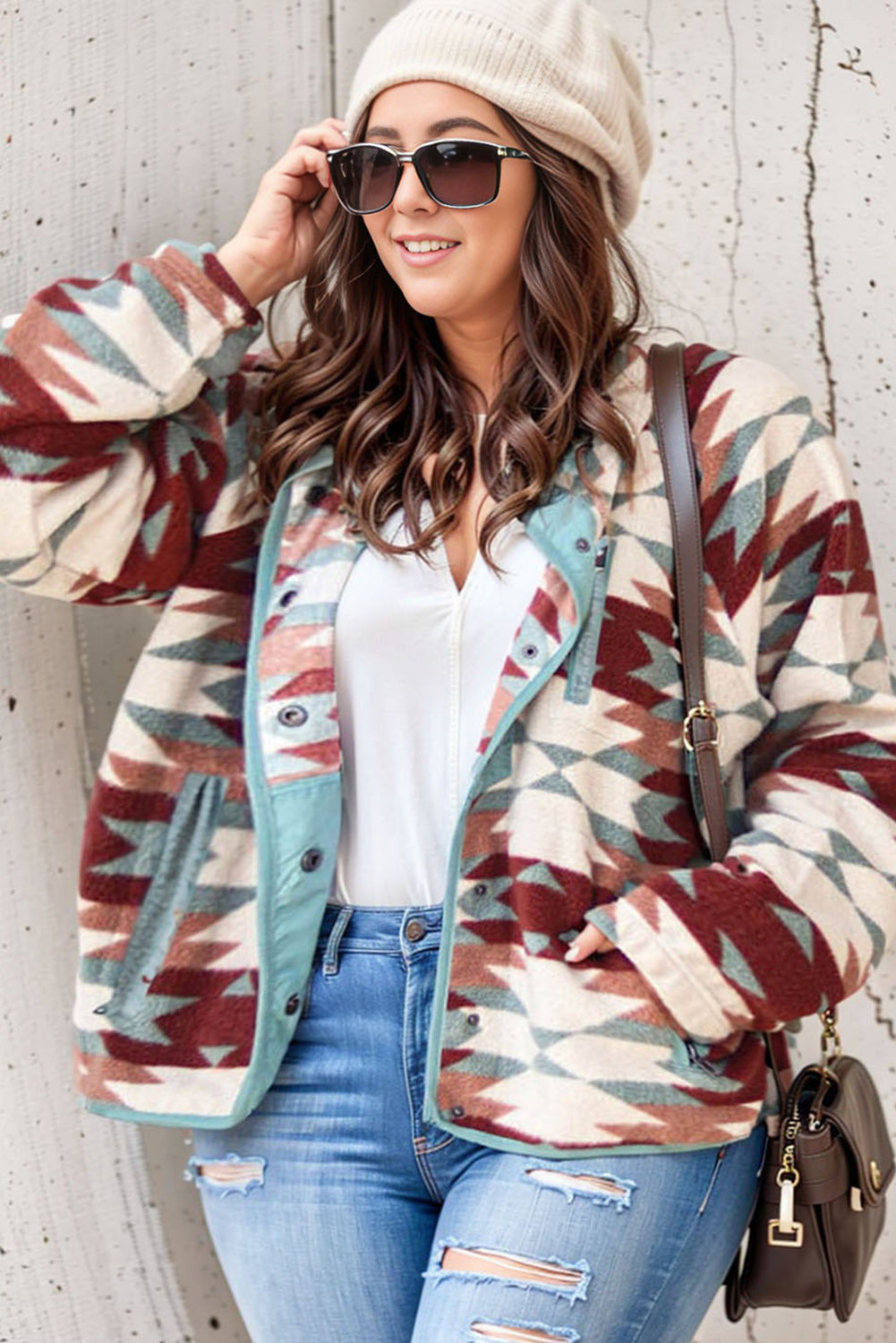 Red Geometric Aztec Pattern Plus Size Fleece Jacket