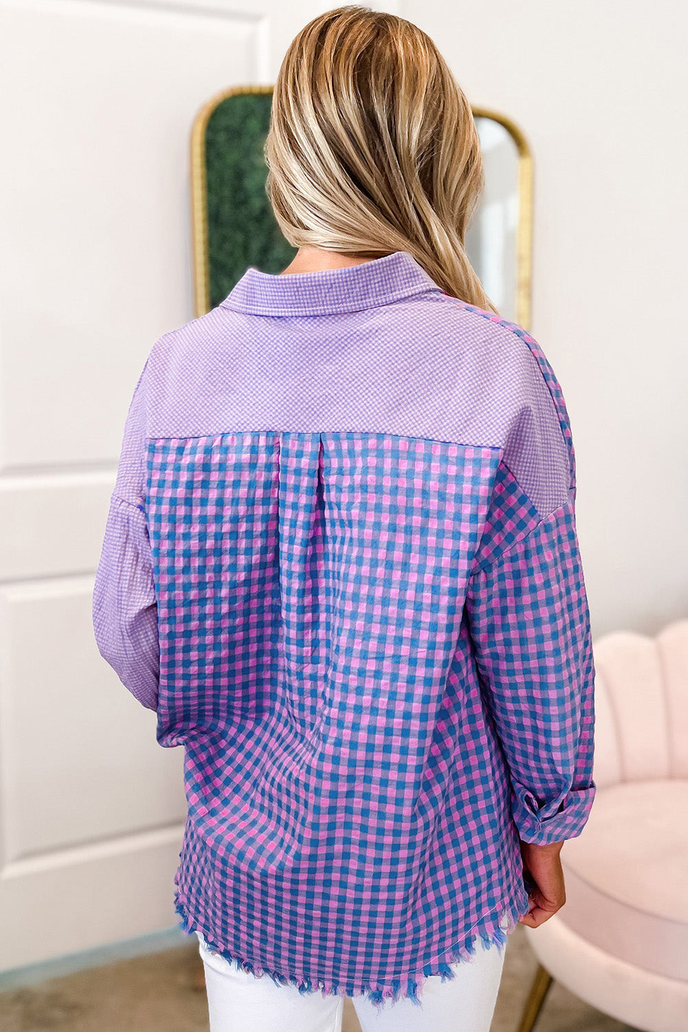 Purple Mixed Plaid Button Down Long Sleeve Chest Pocket Shirt