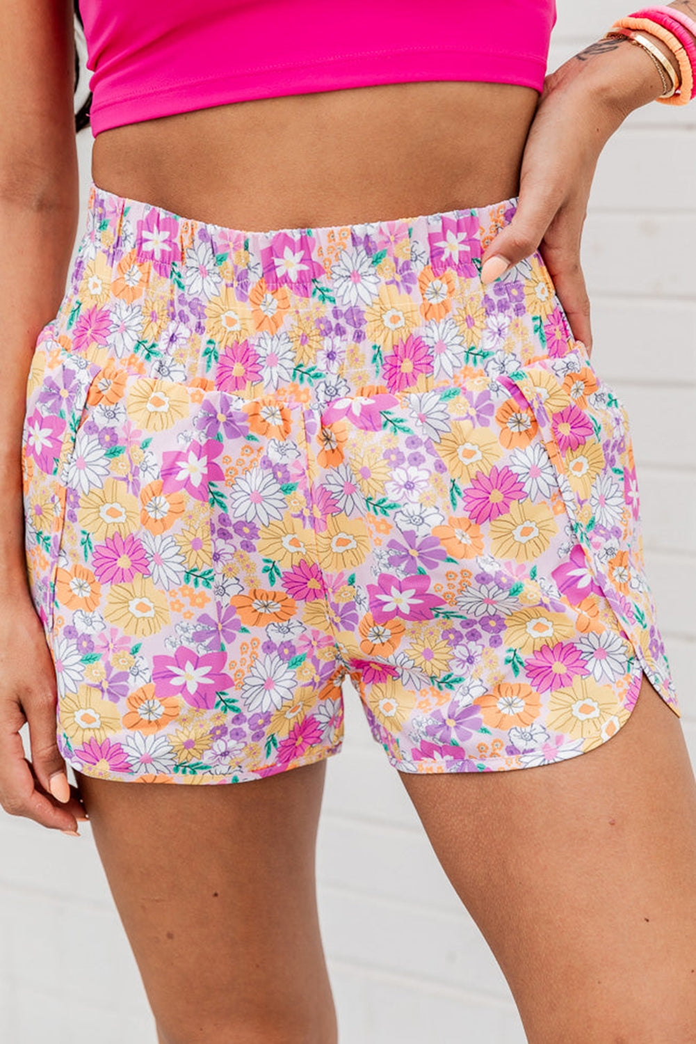 Pink Floral High Waist Casual Shorts