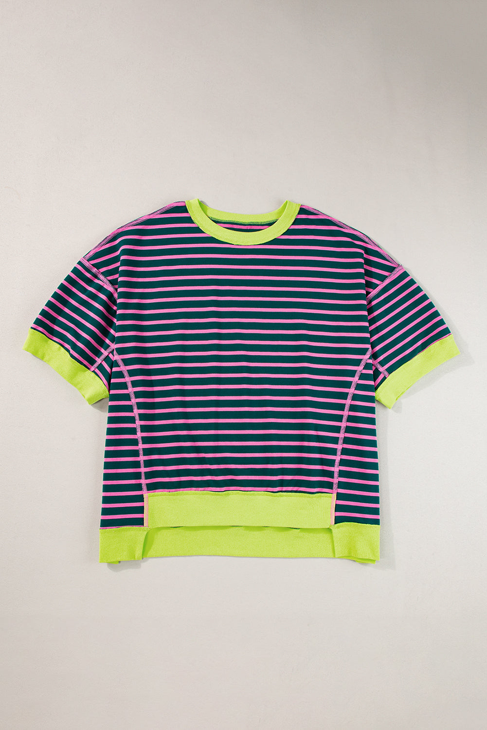 Green Contrast Trim Exposed Seam High Low Stripe T Shirt