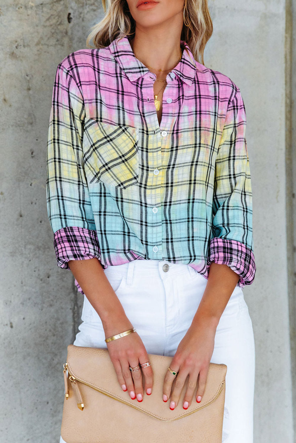 Multicolor Tie Dye Plaid Button Up Shirt