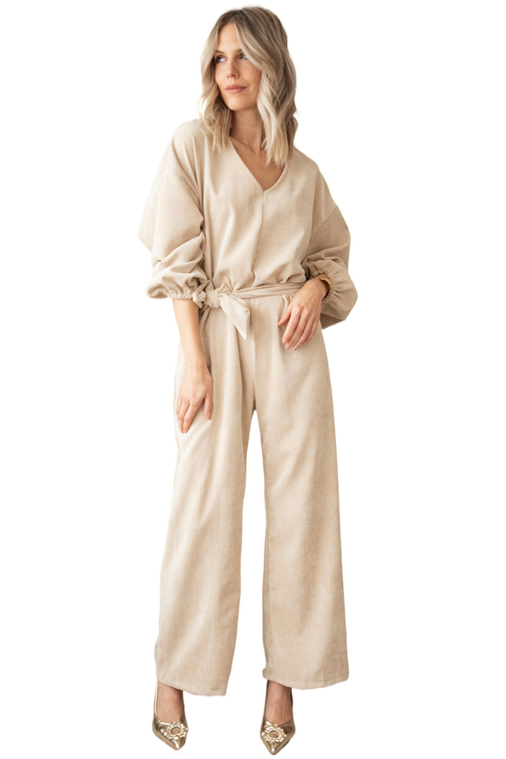 Apricot Keyhole Back V Neck Tie Waist Loose Jumpsuit