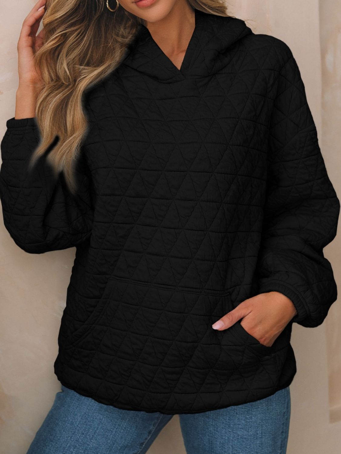 Textured Long Sleeve Hoodie with Pockets