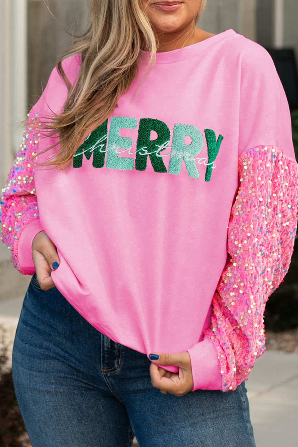 Pink MERRY Christmas Graphic Sequined Sleeve Plus Sweatshirt