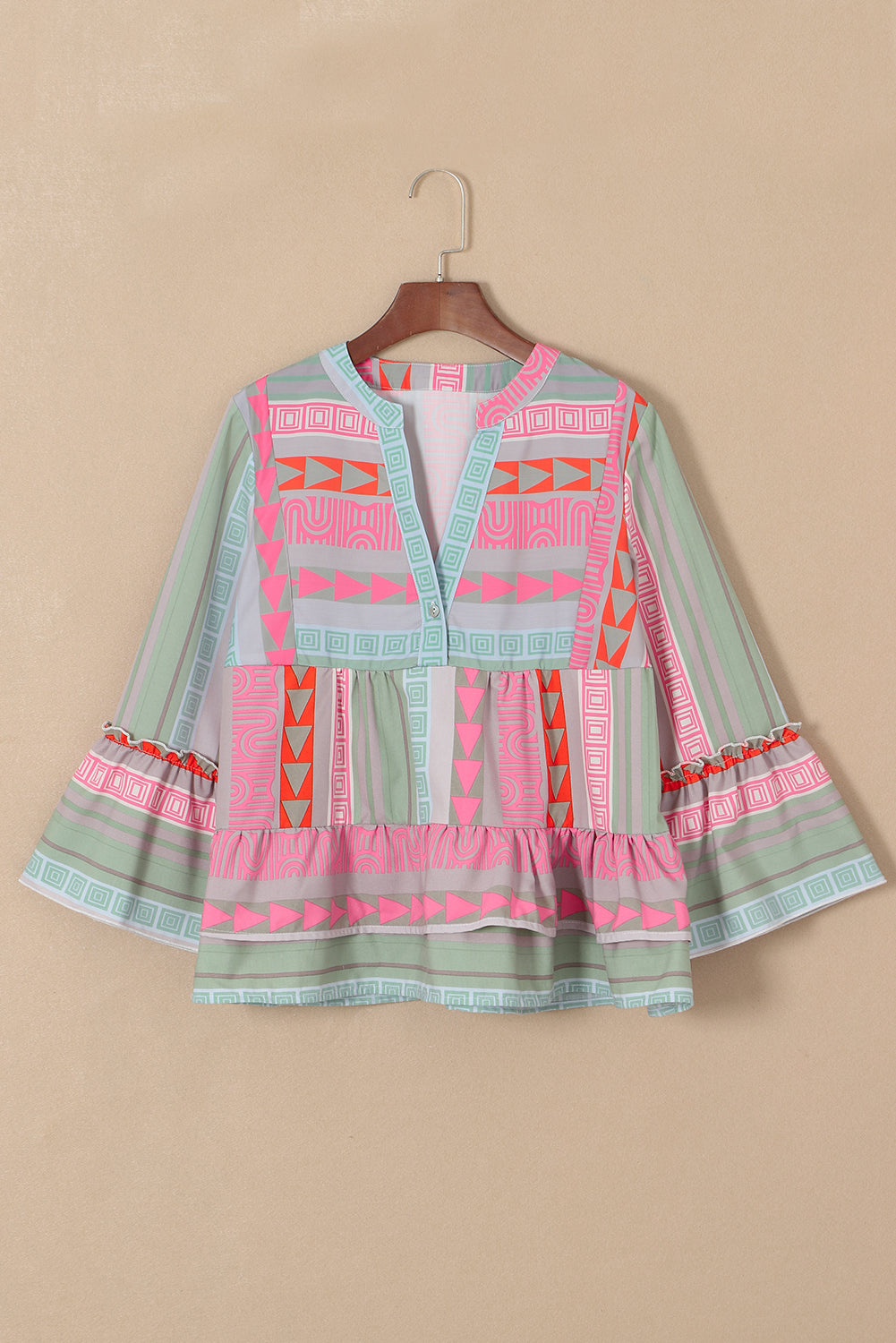 Multicolour Boho Geometric Print Split Neck Ruffle Blouse