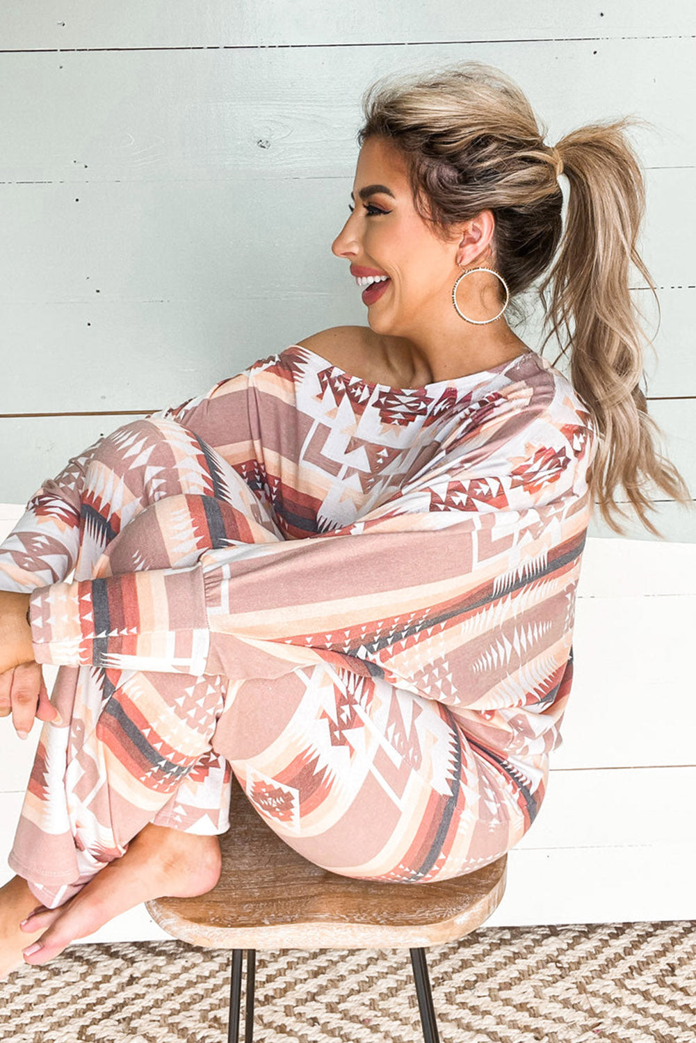 Multicolour Aztec Print Puff Sleeve Pullover and Pants Lounge Outfit