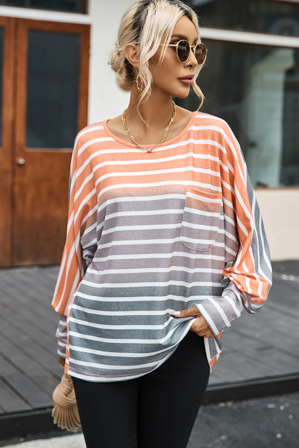 Stripe Gradient Chest Pocket Long Sleeve Top