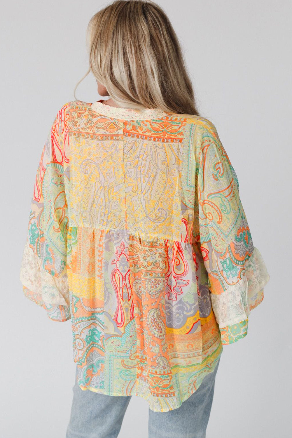 Multicolor Paisley Print Bell Sleeve Lace V-Neck Button Sheer Blouse