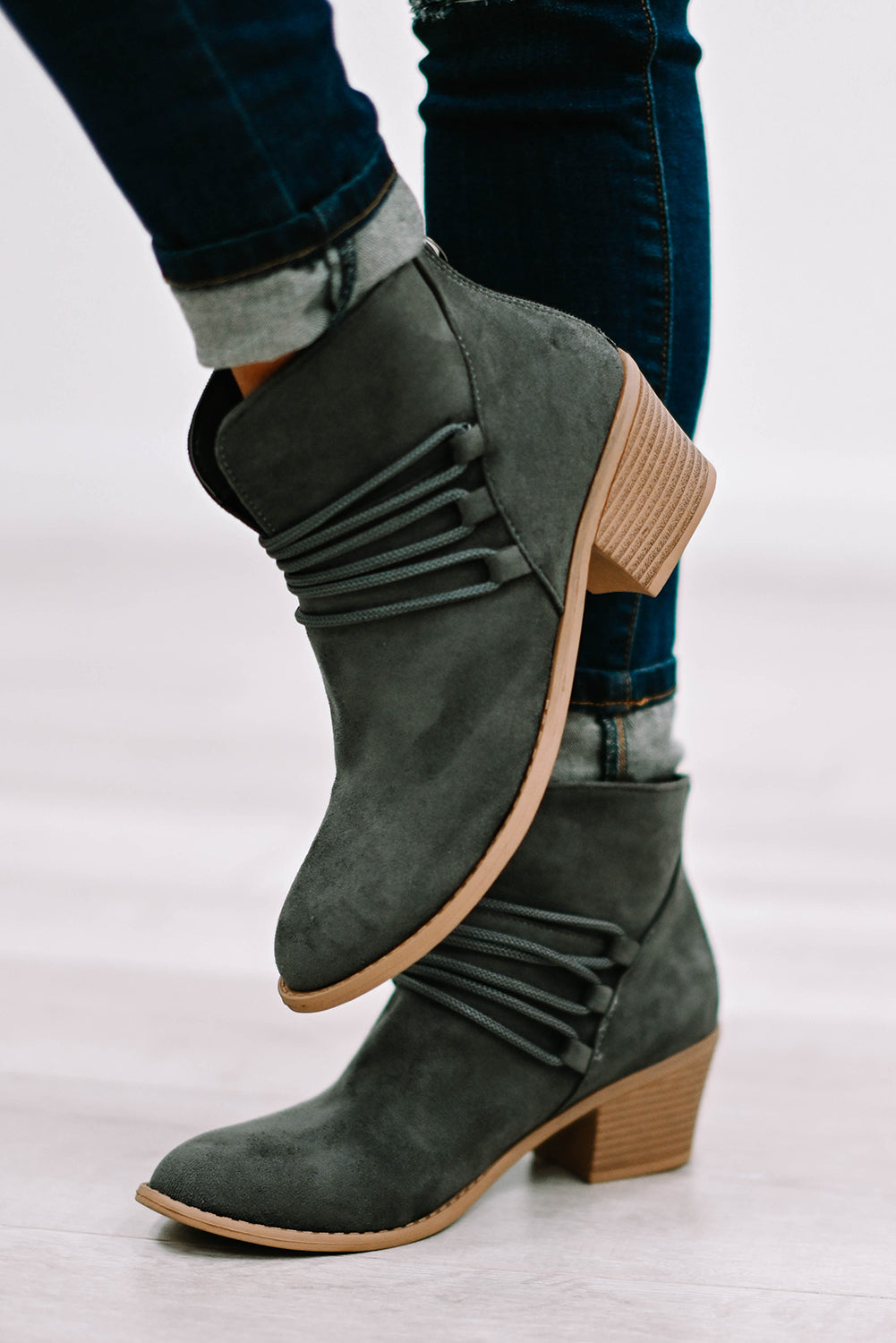 Dark Grey Criss Cross Slip-on Point Toe Heeled Boots