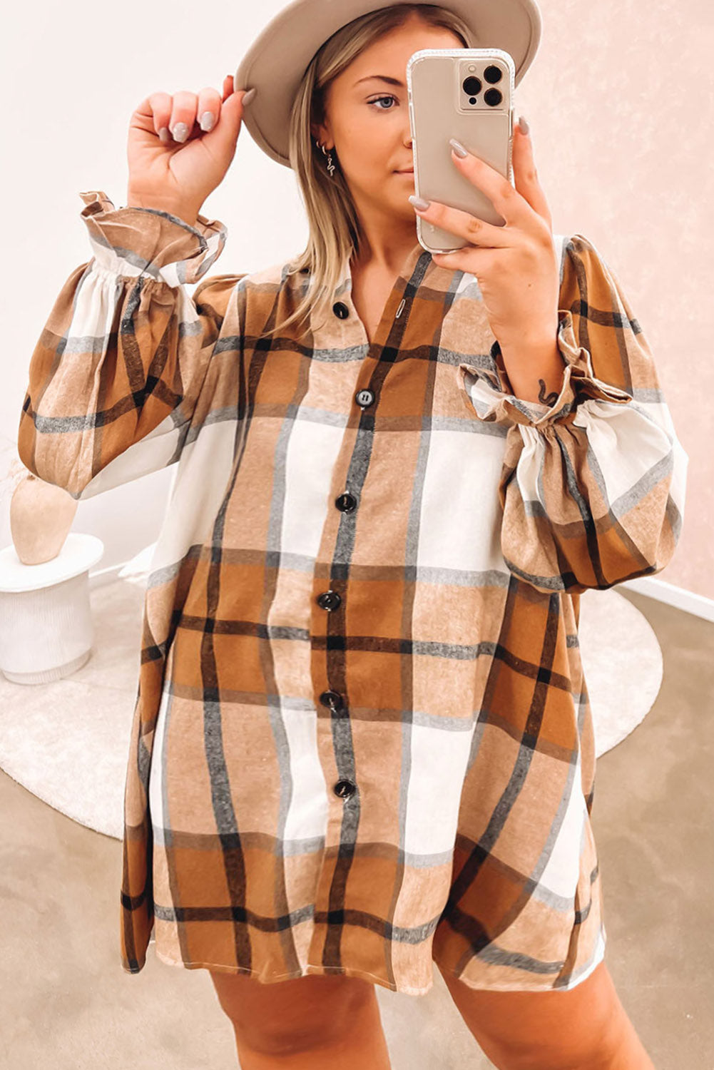 Khaki Plus Size Plaid Flounce Sleeve Button up Shirt Dress