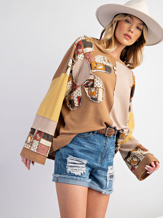 Women's Contrast Print Waffle Top Casual Loose Sweatshirt