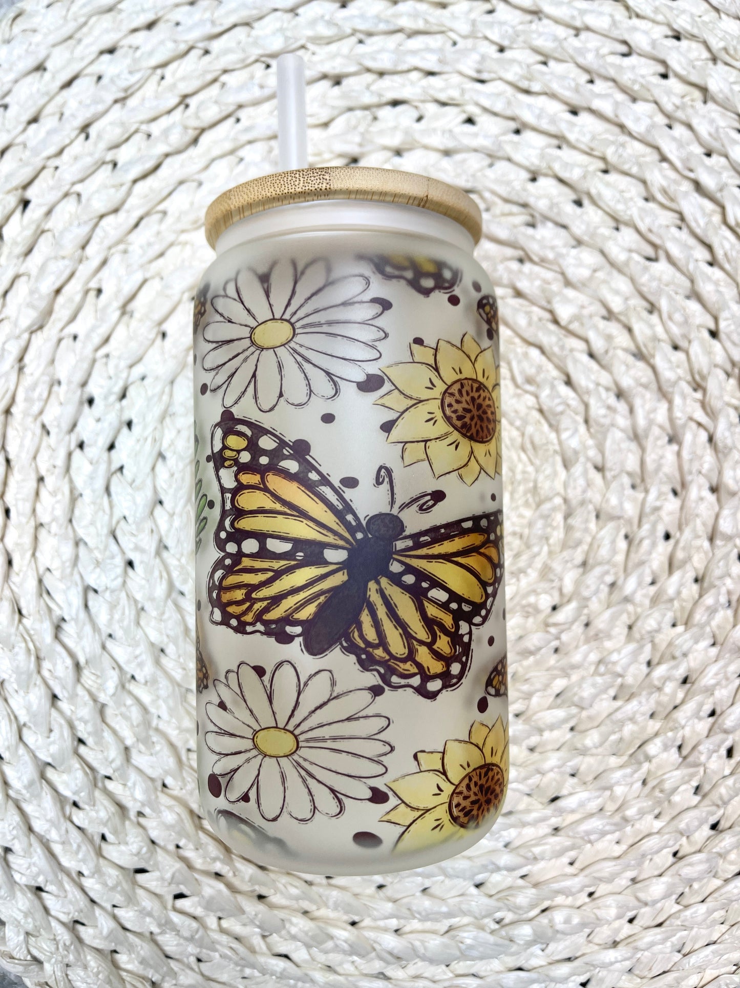 Sunflower butterfly glass tumbler