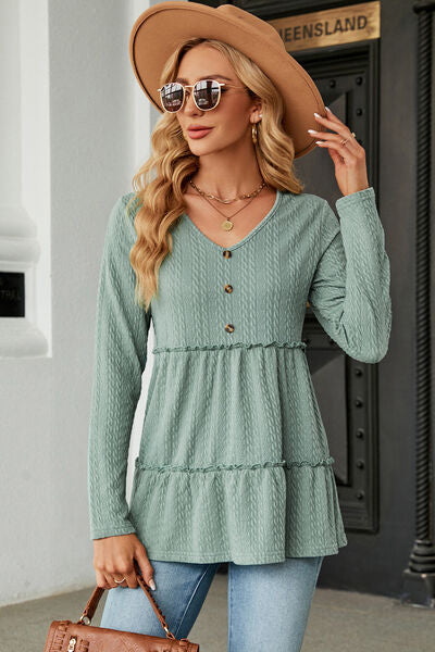 Frill V-Neck Long Sleeve T-Shirt