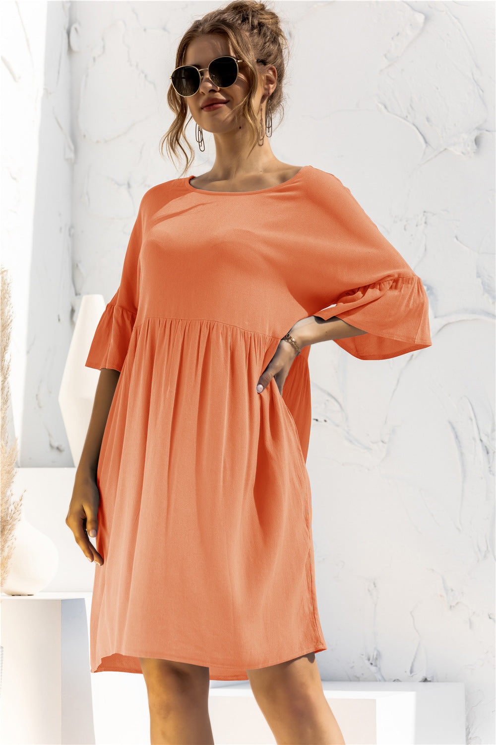 Boat Neck Flounce Sleeve Knee-Length Dress