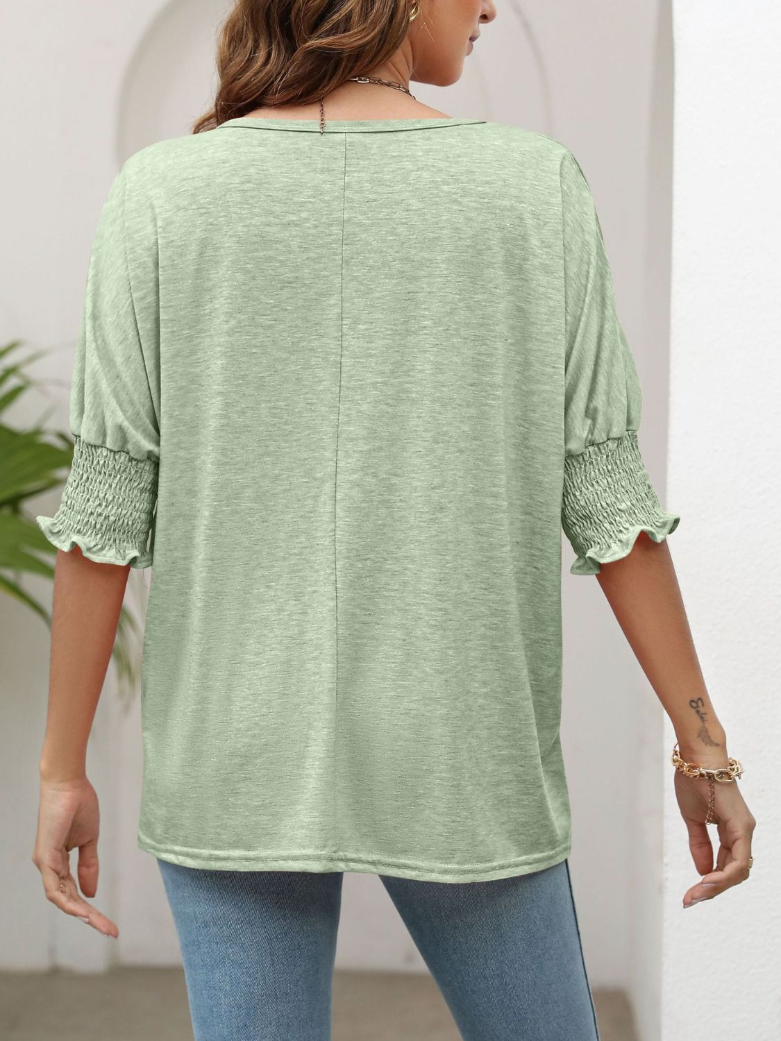 Smocked Flounce Sleeve Round Neck T-Shirt