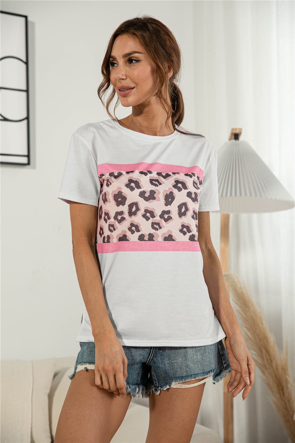 Leopard Color Block Side Slit Tee