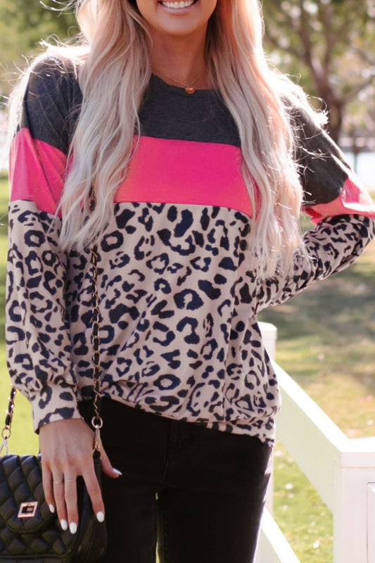 Leopard Print Color Block Long-Sleeve Top