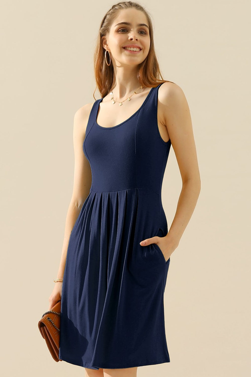 Doublju Full Size Round Neck Ruched Sleeveless Dress with Pockets