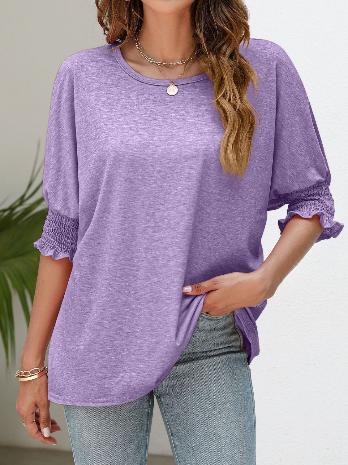 Smocked Flounce Sleeve Round Neck T-Shirt